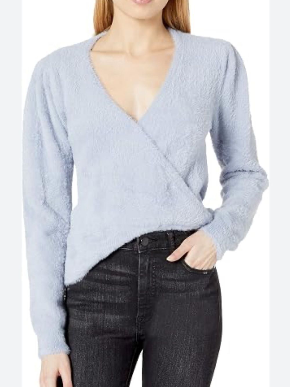 Astr Light Blue Faux-Wrap V-Neck Sweater